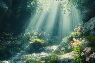 Obraz premium Sunlight filters through trees in a serene forest glade with a flowing stream and vibrant flowers
