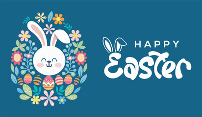 Happy Easter design, Happy easter vector with bunny, flowers, and colorful Easter eggs on blue background with place for text. Modern minimalist design.
