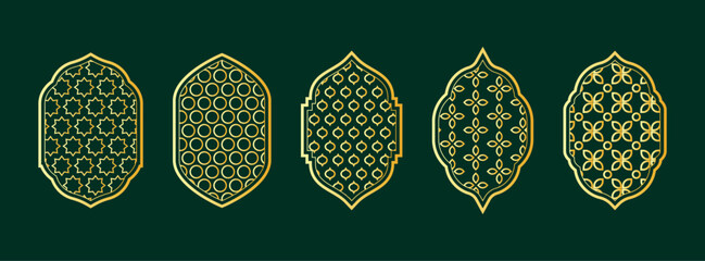 Collection of Islamic arch frames with gold geometric patterns. Arabic mosque window and door shapes in oriental style. Islamic architecture elements for Ramadan Kareem, Eid Mubarak, and mosque design