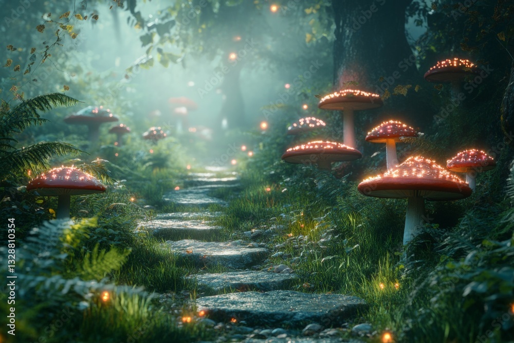 Aufkleber Mushroom path illuminated by soft lights in a mystical forest during twilight