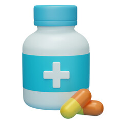  Bottle with pills and capsules. Pharmacy drug health tablet. Medical treatment concept. Blue and White. Cartoon creative design icon isolated. 3D Rendering