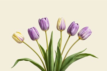 Several purple tulips with green leaves on plain background