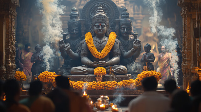 a grand statue of Lord Narasimha adorned with marigold garlands and incense sticks rising in the air, Ai generated images