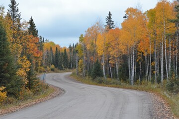 Naklejka premium Beautiful autumn landscape with winding dirt road and colorful foliage in a peaceful forest setting