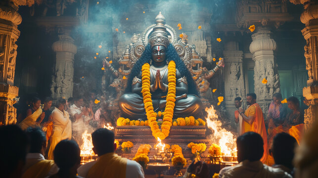 a grand statue of Lord Narasimha adorned with marigold garlands and incense sticks rising in the air, Ai generated images