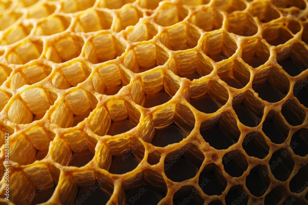 Poster Close up of natural honeycomb showcasing hexagonal patterns and rich golden color under soft light