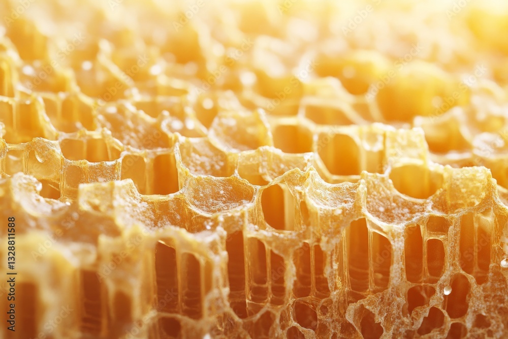 Poster close-up view of honeycomb showcasing intricate wax structures and golden honey deposits in natural 