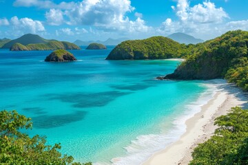 Fototapeta premium Tropical beach landscape with crystal clear waters and lush green hills under a bright blue sky