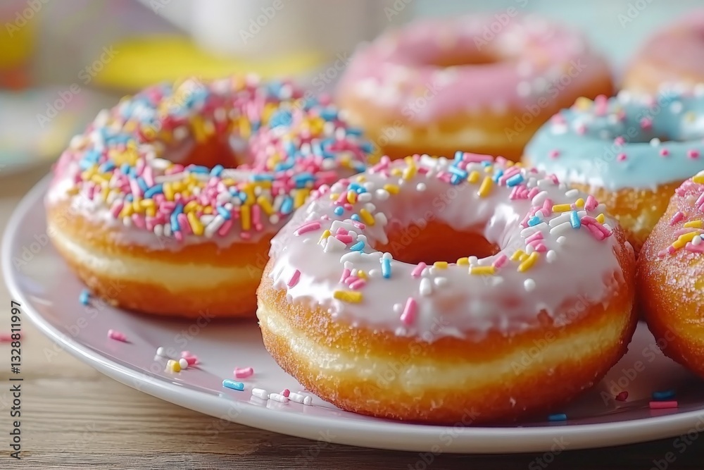 Poster freshly baked colorful doughnuts with sprinkles on a plate for a delightful dessert experience in a 