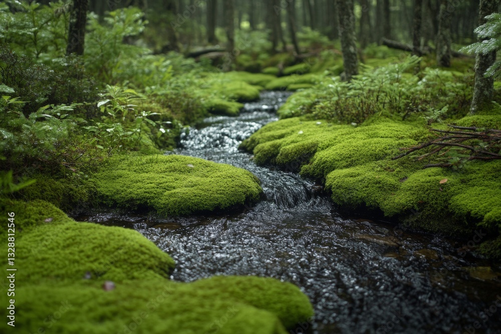Poster tranquil stream flowing through lush green moss in a serene forest environment