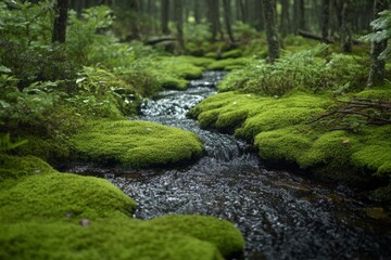 Obraz premium Tranquil stream flowing through lush green moss in a serene forest environment