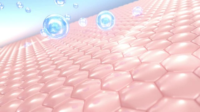 3D-rendered skincare concept showing hydrating serum droplets absorbing into a smooth, glowing skin surface. Perfect for beauty, skincare, and cosmetic-related visuals.