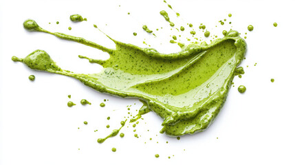 A bright green sauce is artfully splashed against a clean white surface, highlighting its rich texture and vibrant color. Ideal for culinary presentations or recipes