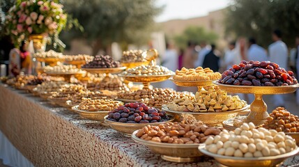 Fototapeta premium Abundant spread of nuts and dates in gold dishes, an outdoor celebration or event