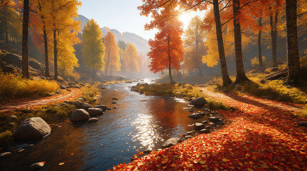 autumn forest in the morning. ai generated