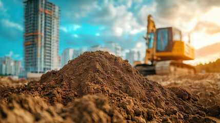A mound of dirt is prominently in the foreground, while an excavator works on a construction site surrounded by tall urban buildings under a vibrant sunset sky