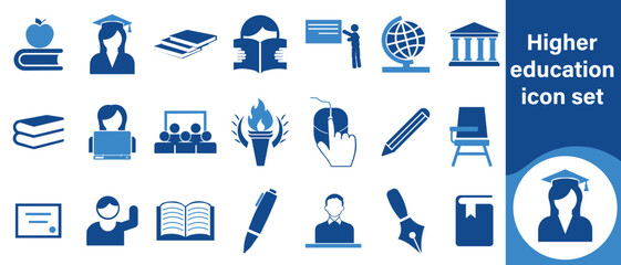 Higher education icon set, science, silhouette, internet, blackboard, computer, cap, graphic, art, learn, black, online, career, development, higher education, study, growth, simple and more