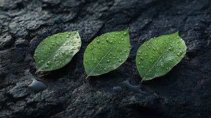 Three vibrant green leaves with beads of water on their surface are placed on a textured dark stone. The soft morning light enhances their freshness and natural beauty