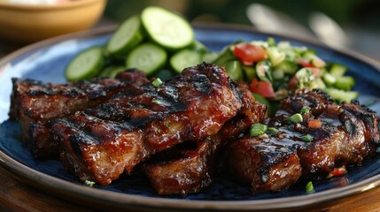 Delicious Grilled Meat with Fresh Vegetables on a Blue Plate in Natural Light Setting