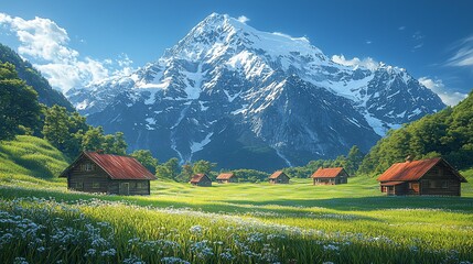 Fototapeta premium Alpine meadow houses under snow-capped mountain peak in a sunny day