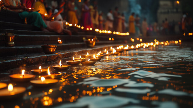 hundreds of Hindu devotees stand on the banks of the Ganges River in Varanasi, lighting small diya lamps and releasing them into the river, Ai generated images