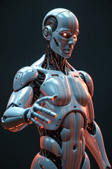 A robotic male torso covered in holographic programming codes, reaching towards the camera - Generative AI
