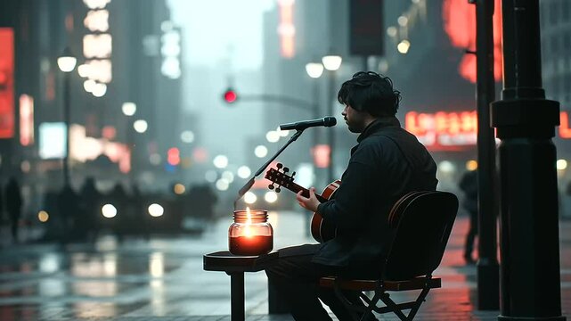 1_A musician busking on a city corner under neon lights