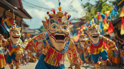 Phi Ta Khon, men wearing large wooden masks with red, blue and gold patterns, wearing colorful tasseled clothes while dancing in the street, Ai generated images