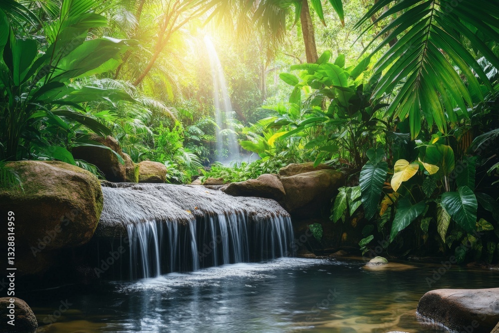 Poster lush tropical rainforest with a serene waterfall flowing into a calm pool surrounded by vibrant gree