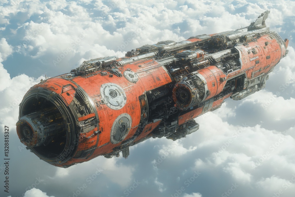 Poster Spaceship navigating through fluffy clouds in a bright sky during daylight with intricate details and textures visible