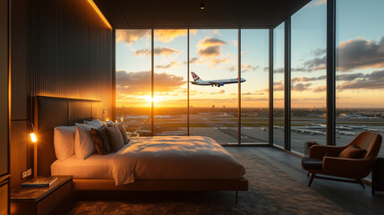  Stylish Airport Hotel Room with a Breathtaking Sunset Over Heathrow and Airplane Views