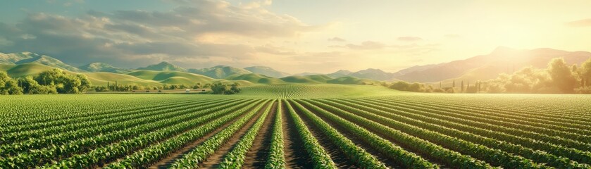 Fototapeta premium Sustainable Organic Food for an Eco-Friendly Lifestyle, Expansive green fields under a bright sky with mountains in the distance.