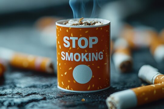 Bright orange cup with "STOP SMOKING" message surrounded by ciga