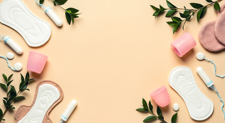 tampons, pads and menstrual cups, top view with space for text, simple background, negative space