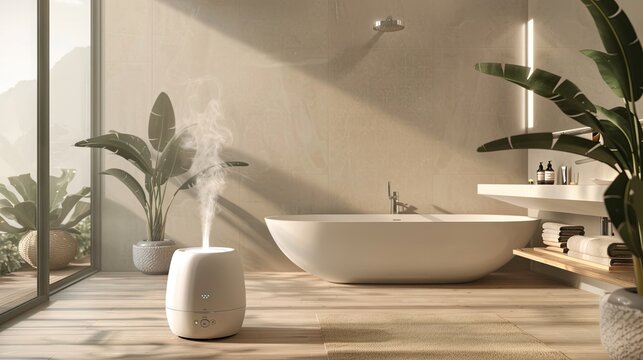 Elegant ultrasonic humidifier in a modern stylish bathroom with a large panoramic window and green houseplants. Air humidification concept. Aromatherapy