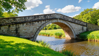 Fototapeta premium Graceful stone bridge reflecting in serene river, nature's beauty