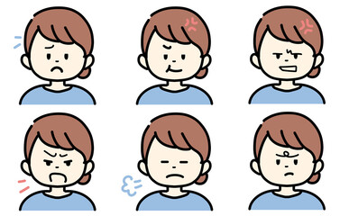 怒っている女性のイラストセット　青色の服を着た人物