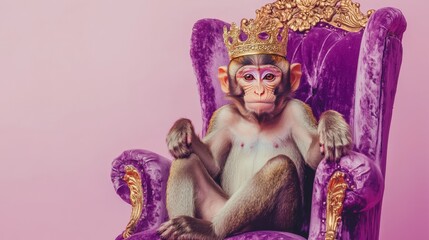 Fototapeta premium an adorable monkey wearing a golden crown sitting in a violet throne