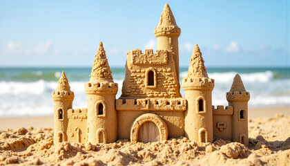 Intricate sandcastle on beach with ocean backdrop, playful artistry
