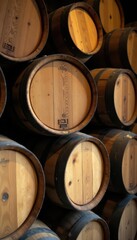 Vertical stack of used bourbon barrel staves, warm tones, interior, reclaimed