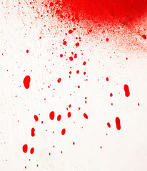Red blood spraying or paint drops flowing down on white wall background. Red ink splash, splatter and stain. Abstract colorful splash art, red white painting, wall decor vibrant design, artistic decor