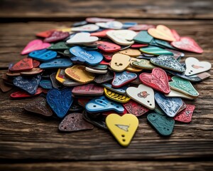 A Colorful Assortment of Heart-Shaped Tags on Rustic Wooden Surface