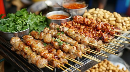 Display of grilled meat skewers with other accompaniments on the stall