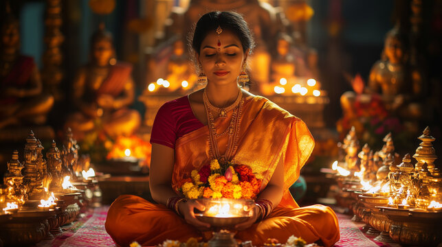 Sita Navami, a woman wearing a golden red saree carrying flower offerings and sitting cross-legged in front of a small altar filled with idols of Goddess Sita, Ai generated images - Powered by Adobe