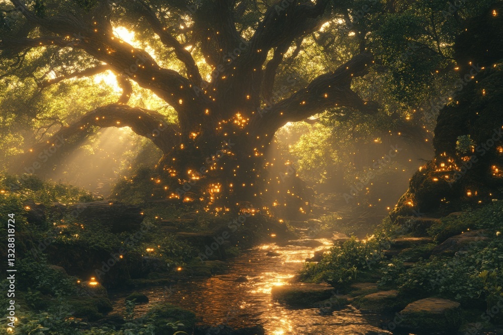 Poster Magical forest scene with glowing lights illuminating an ancient tree by a serene stream at dusk