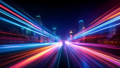 Fototapeta premium Vibrant neon light trails slicing through darkness with long exposure effect, dynamic motion and glowing reflections