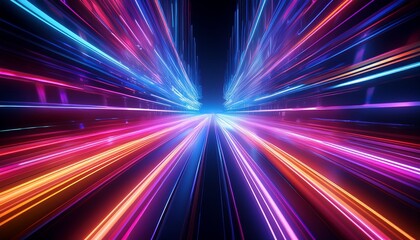Obraz premium Vibrant neon light trails slicing through darkness with long exposure effect, dynamic motion and glowing reflections