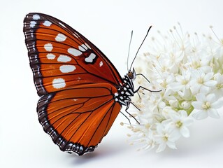 Monarch Butterfly resting gracefully on a Cluster of Delicate White Flowers