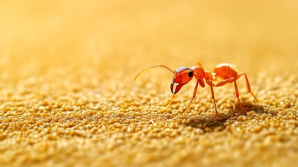 Close up view of an orange ant exploring sandy terrain