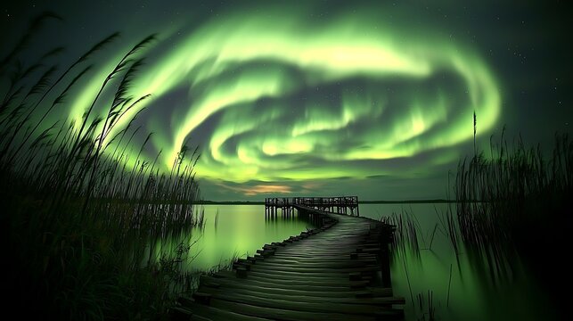 Aurora shines over wooden pier on a calm lake